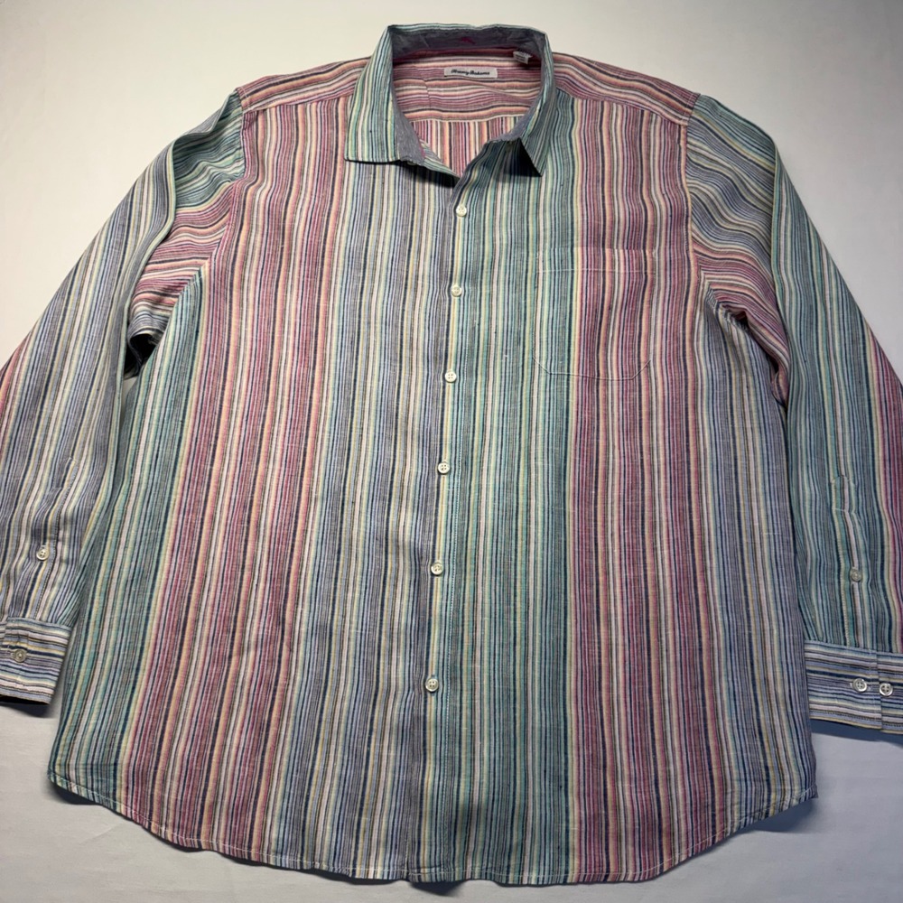 Tommy Bahama Linen Shirt XXL Multicolor Stripe Mens Long Sleeve Button Down